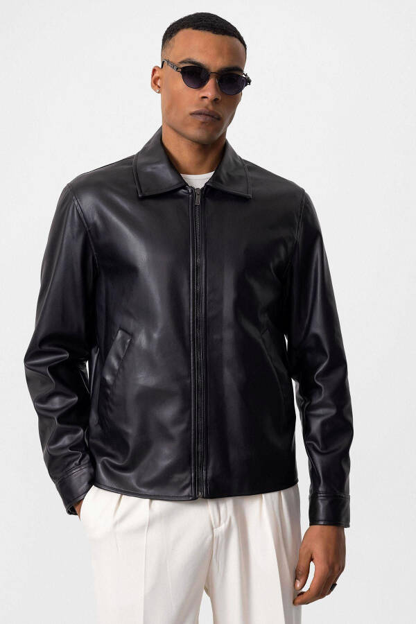 Black Faux Leather Men's Jacket - 20