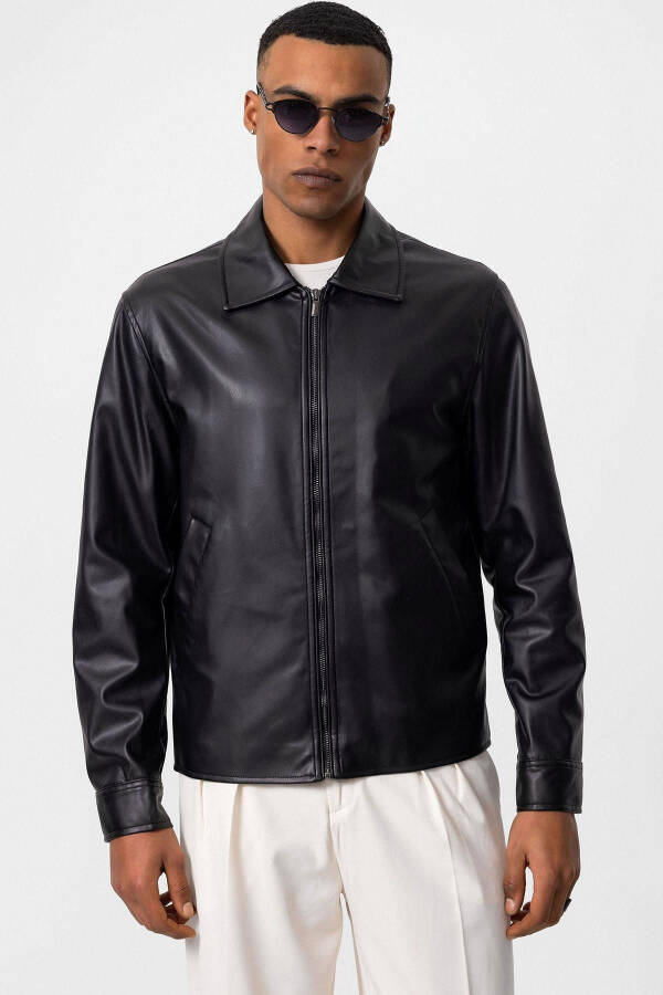 Black Faux Leather Men's Jacket - 13