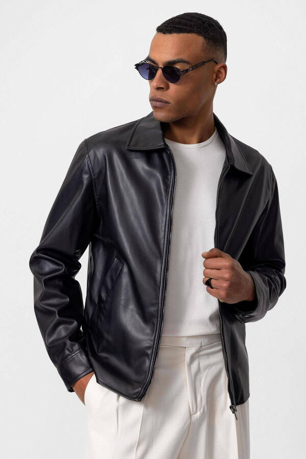 Black Faux Leather Men's Jacket - 1