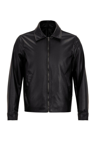 Black Faux Leather Men's Jacket - 8