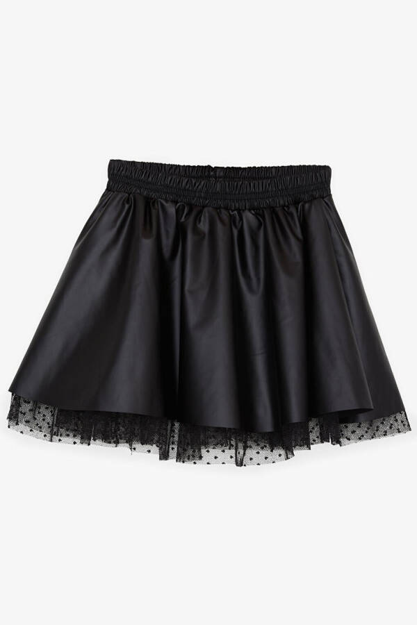 Black Faux Leather Skirt with Tulle and Elastic Waist for Girls (8-12 Years) - 1