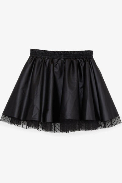 Black Faux Leather Skirt with Tulle and Elastic Waist for Girls (8-12 Years) - 2