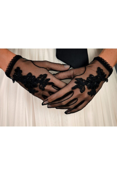 Black French Lace Bridal Gloves - 1