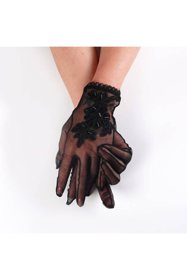 Black French Lace Bridal Gloves - 2