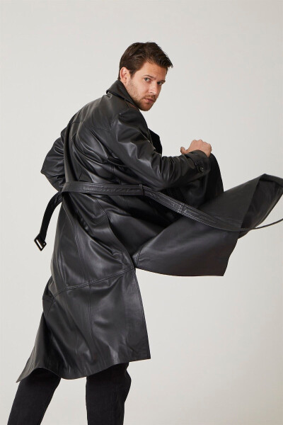 Black genuine leather trench coat, double-breasted button closure, slits, lined and belted. - 9