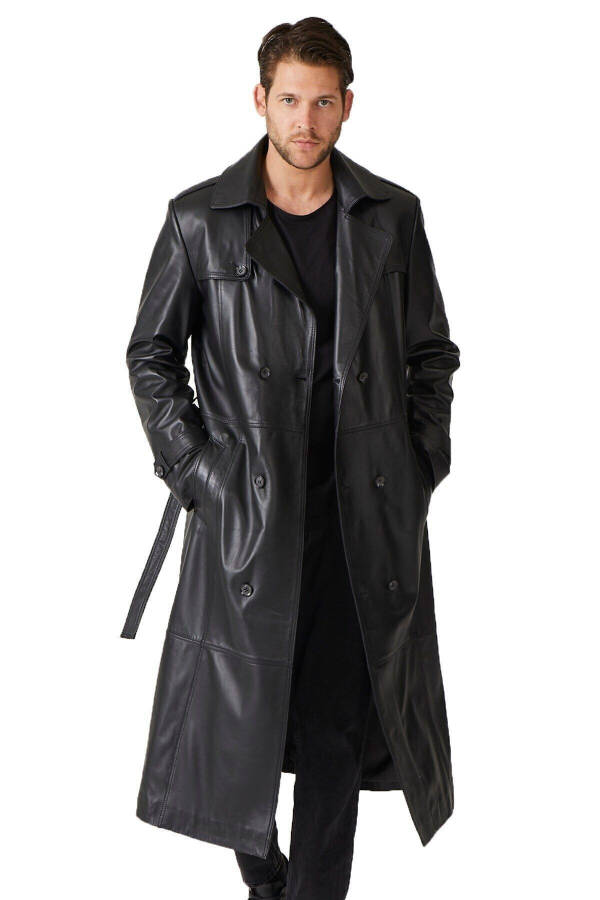 Black genuine leather trench coat, double-breasted button closure, slits, lined and belted. - 10