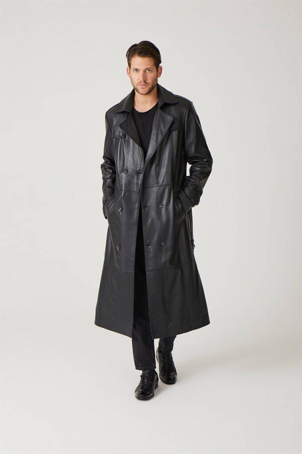 Black genuine leather trench coat, double-breasted button closure, slits, lined and belted. - 11