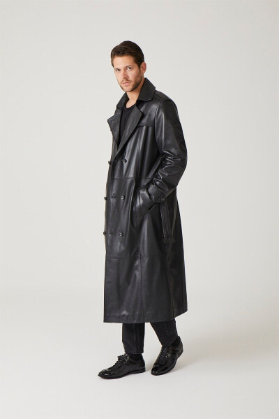 Black genuine leather trench coat, double-breasted button closure, slits, lined and belted. - 12