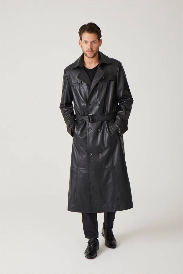 Black genuine leather trench coat, double-breasted button closure, slits, lined and belted. - 13