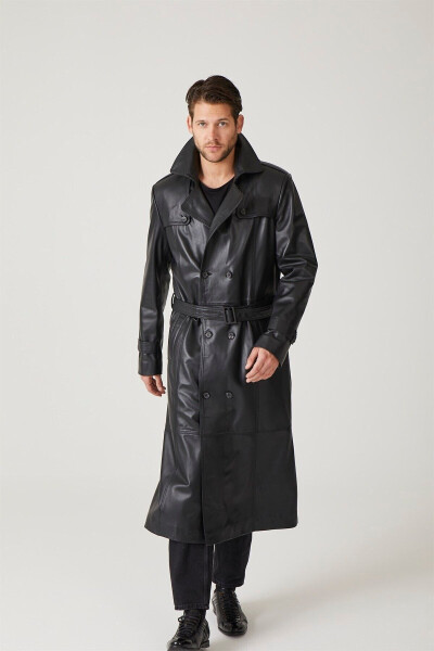 Black genuine leather trench coat, double-breasted button closure, slits, lined and belted. - 14