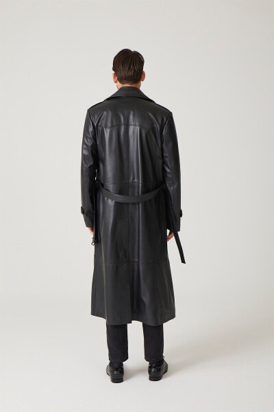 Black genuine leather trench coat, double-breasted button closure, slits, lined and belted. - 15