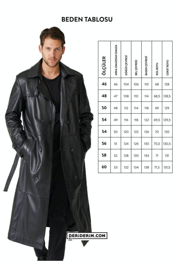 Black genuine leather trench coat, double-breasted button closure, slits, lined and belted. - 16