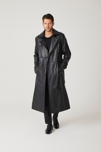 Black genuine leather trench coat, double-breasted button closure, slits, lined and belted. - 3