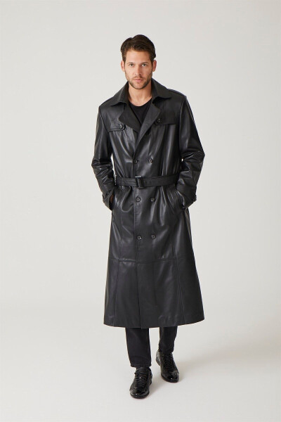 Black genuine leather trench coat, double-breasted button closure, slits, lined and belted. - 5