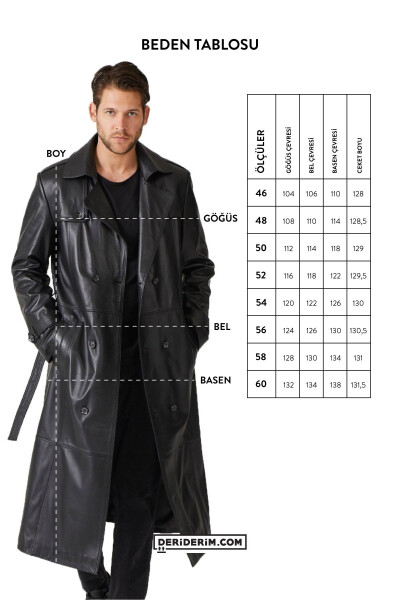 Black genuine leather trench coat, double-breasted button closure, slits, lined and belted. - 8