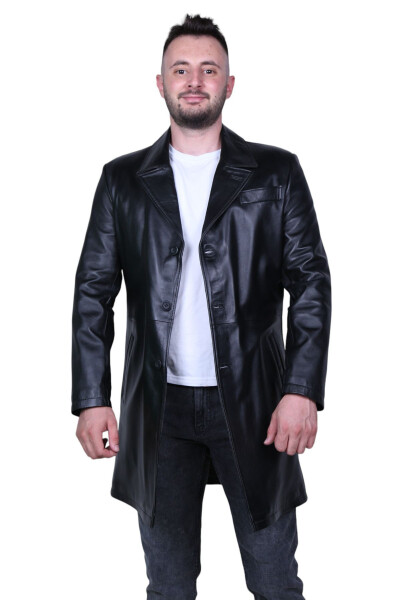 Black genuine leather trench coat for men. - 1