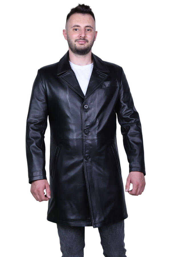 Black genuine leather trench coat for men. - 2