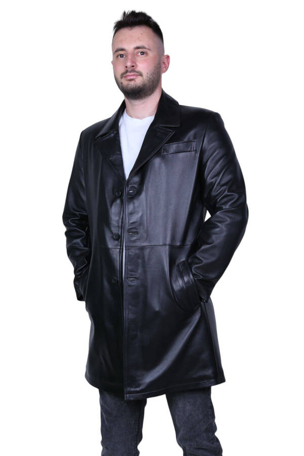 Black genuine leather trench coat for men. - 3