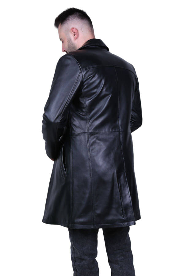 Black genuine leather trench coat for men. - 4