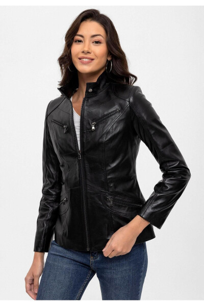 Black genuine leather women's jacket with snap details, collar, lined. - 1