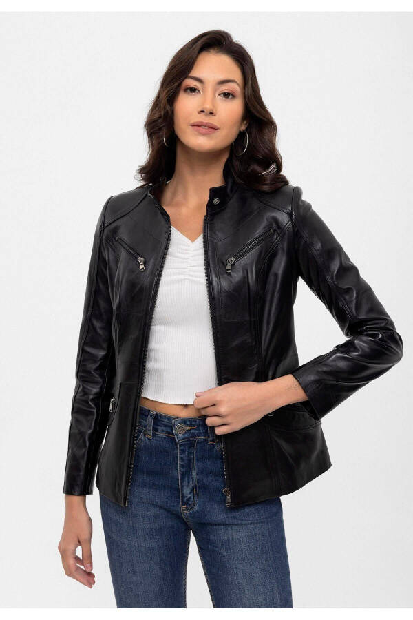 Black genuine leather women's jacket with snap details, collar, lined. - 2