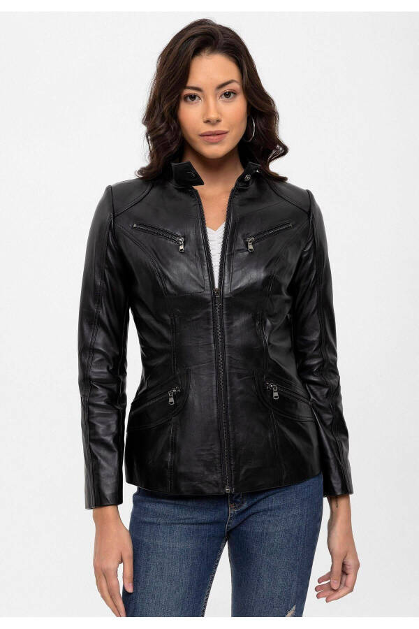 Black genuine leather women's jacket with snap details, collar, lined. - 3