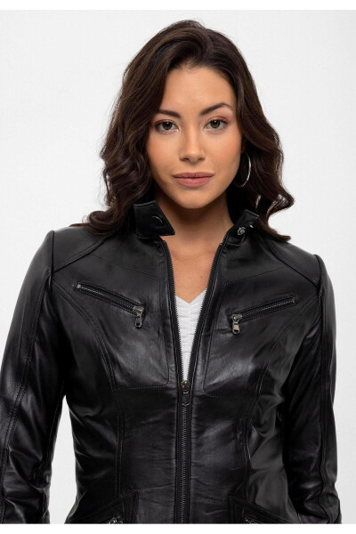 Black genuine leather women's jacket with snap details, collar, lined. - 5