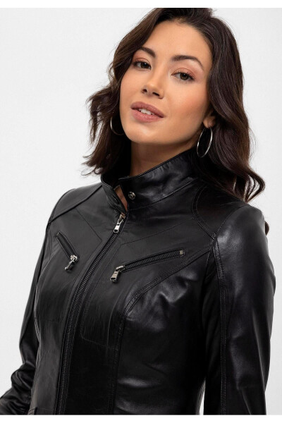 Black genuine leather women's jacket with snap details, collar, lined. - 6