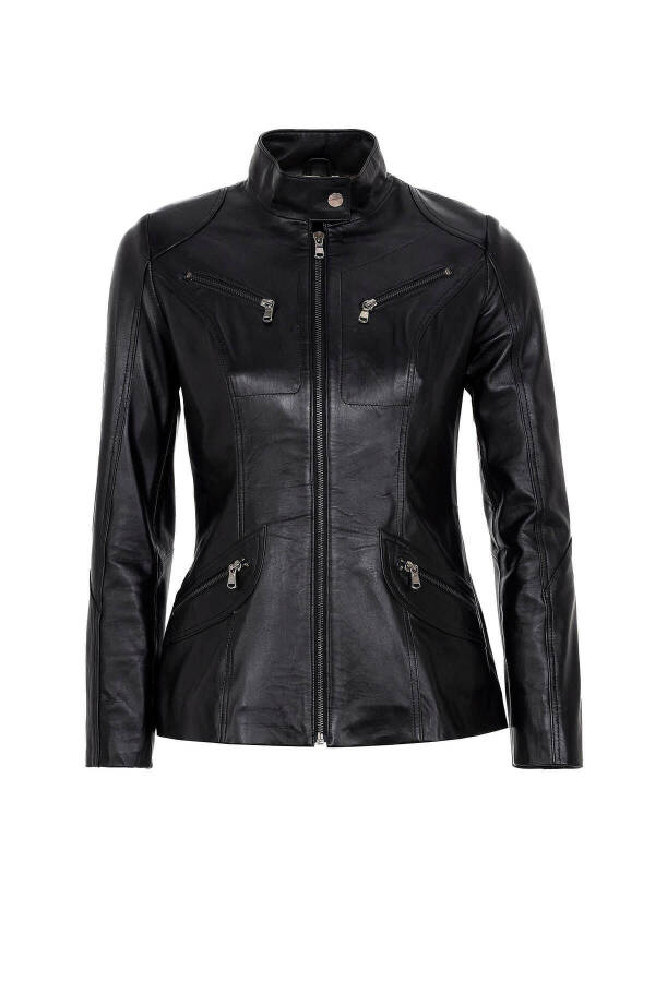 Black genuine leather women's jacket with snap details, collar, lined. - 7