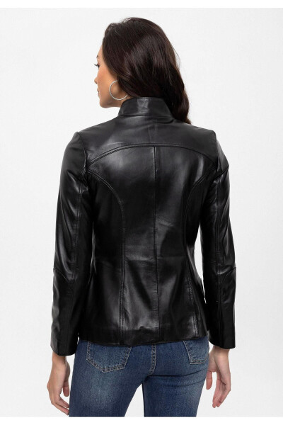 Black genuine leather women's jacket with snap details, collar, lined. - 8