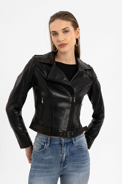 Black genuine leather, zippered, belted, short biker jacket. - 1