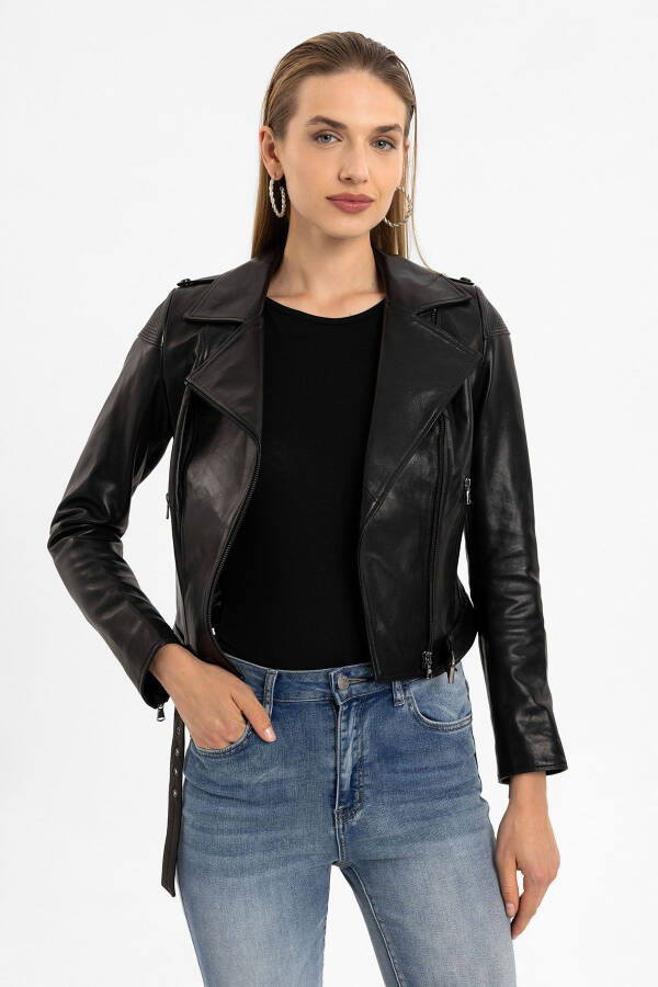 Black genuine leather, zippered, belted, short biker jacket. - 2