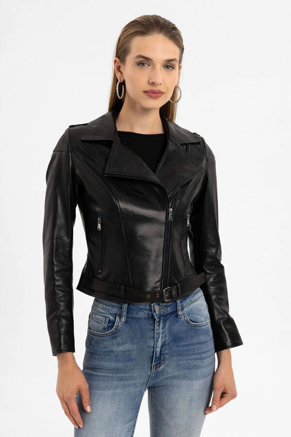 Black genuine leather, zippered, belted, short biker jacket. - 4