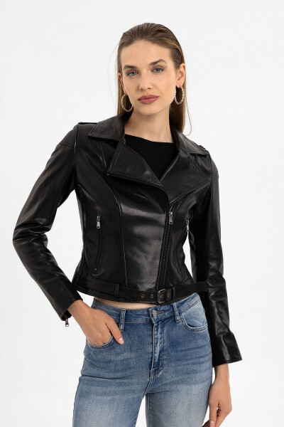 Black genuine leather, zippered, belted, short biker jacket. - 5