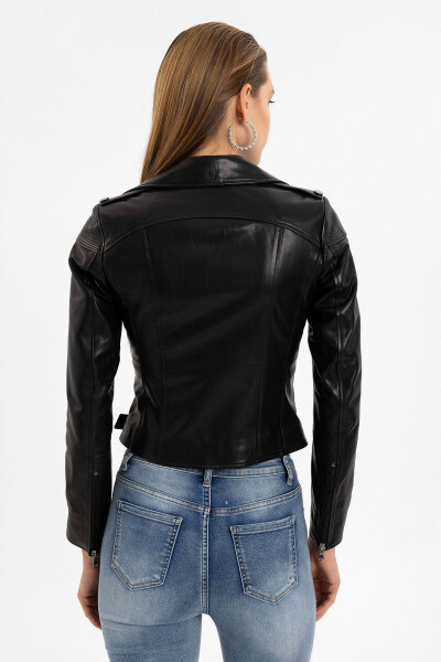 Black genuine leather, zippered, belted, short biker jacket. - 7