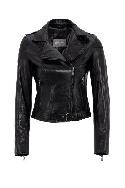 Black genuine leather, zippered, belted, short biker jacket. - 8