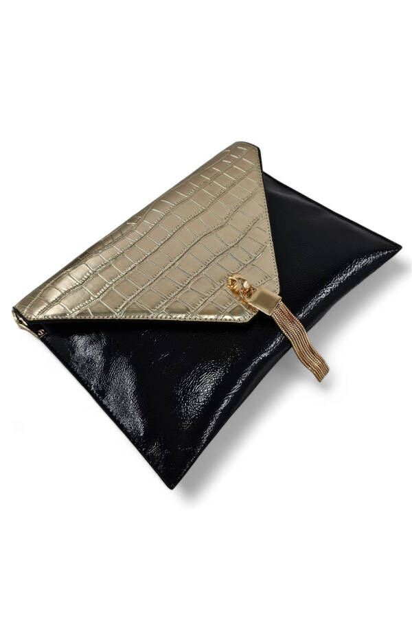 Black & Gold Crocodile Chain Strap Women's Portfolio & Clutch Bag - 9