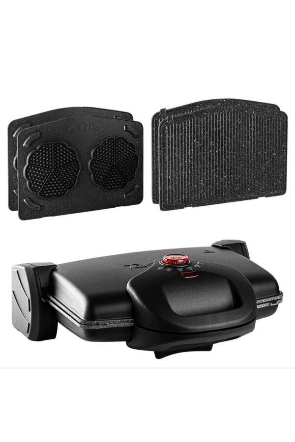 Black Grill and Toaster with Granite Waffle and Smooth Plates - 1