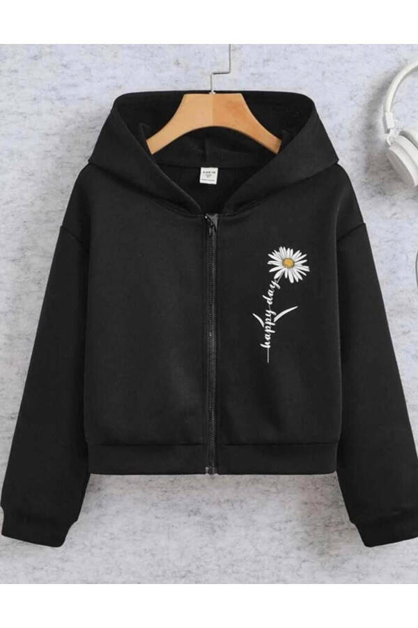 Black Happy Day Daisy Printed Kids Hoodie - 1