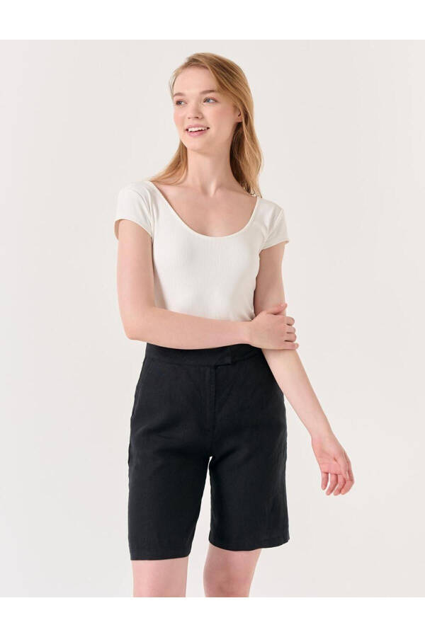 Black High Waisted Linen Shorts - 9