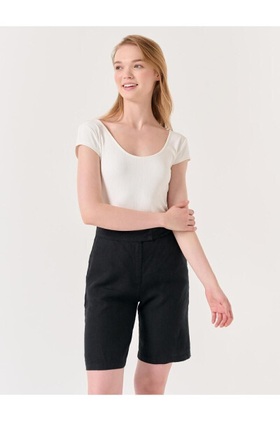 Black High Waisted Linen Shorts - 3