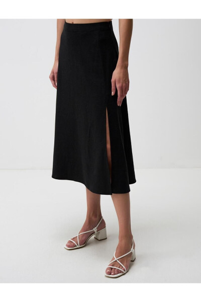 Black High-Waisted Slit Linen Midi Skirt - 22