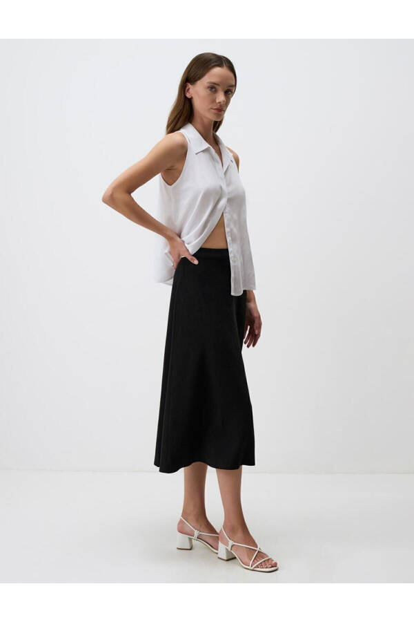 Black High-Waisted Slit Linen Midi Skirt - 9