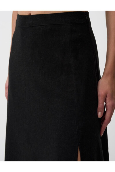 Black High-Waisted Slit Linen Midi Skirt - 11