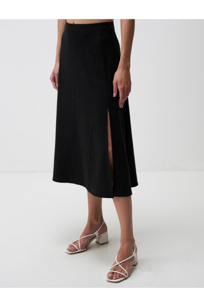 Black High-Waisted Slit Linen Midi Skirt - 4