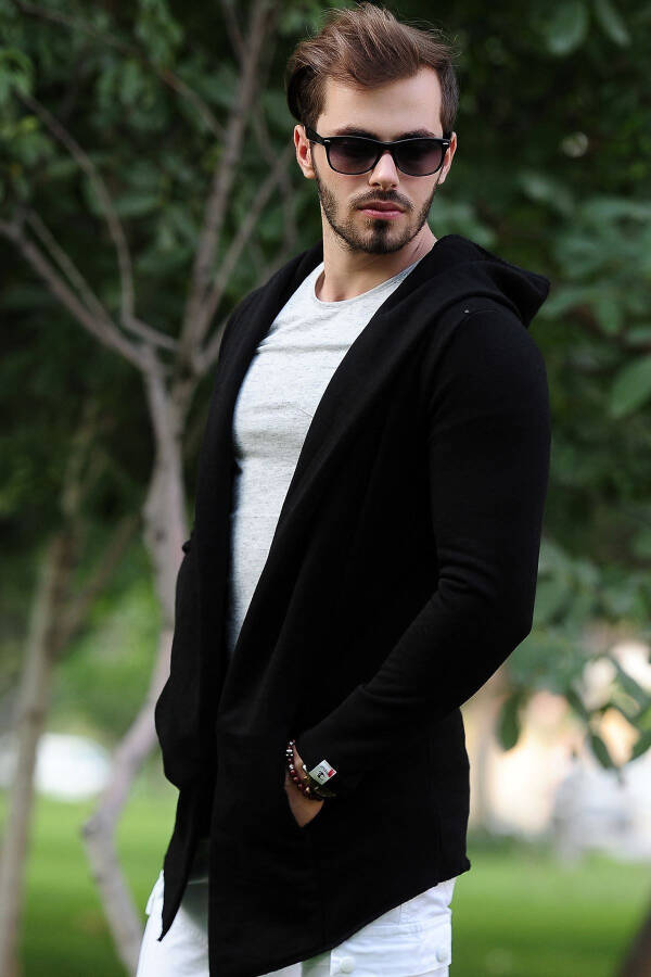 Black Hooded Long Men's Cardigan - 4