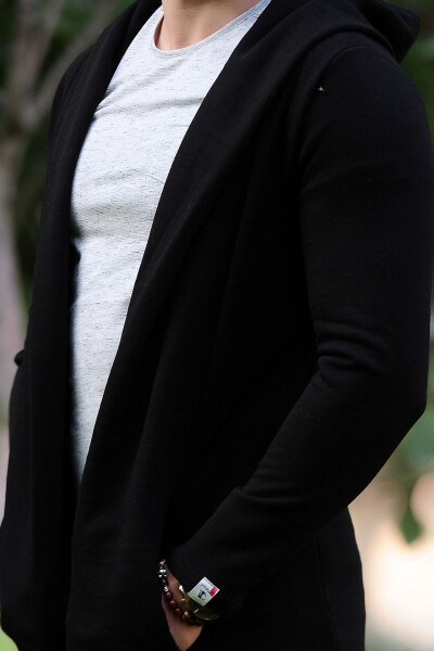 Black Hooded Long Men's Cardigan - 6