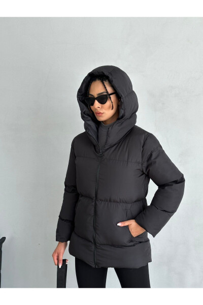 Black Hooded Puffer Jacket for Women - 14