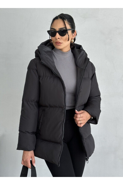 Black Hooded Puffer Jacket for Women - 1