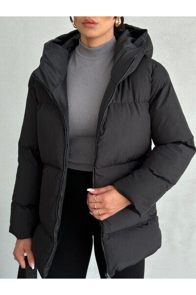 Black Hooded Puffer Jacket for Women - 6